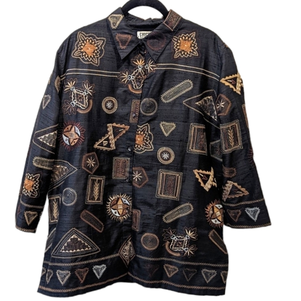 Chico's Design Silk Embroidered Geometric Print Evening Plus Size Shirt (L)